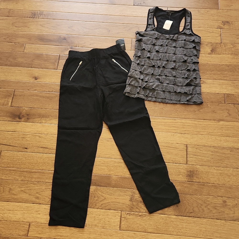 Black Linen pants and grey and black ruffle tank bundle lot